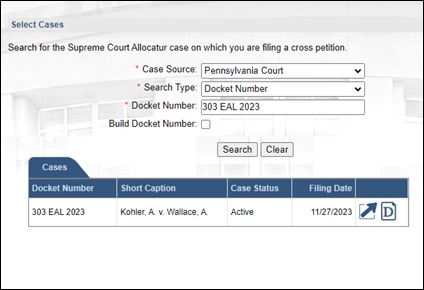 Searching for a Supreme Court Allocatur case in the Select Cases screen.